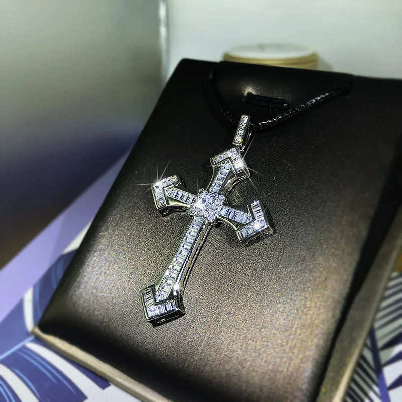 925 Sterling Silver Fine White Zircon Men And Women Classic Cross Pendant Micro-Inlaid Zircon Necklace Birthday Party Jewelry
