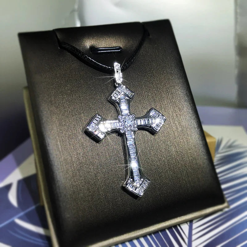 925 Sterling Silver Fine White Zircon Men And Women Classic Cross Pendant Micro-Inlaid Zircon Necklace Birthday Party Jewelry