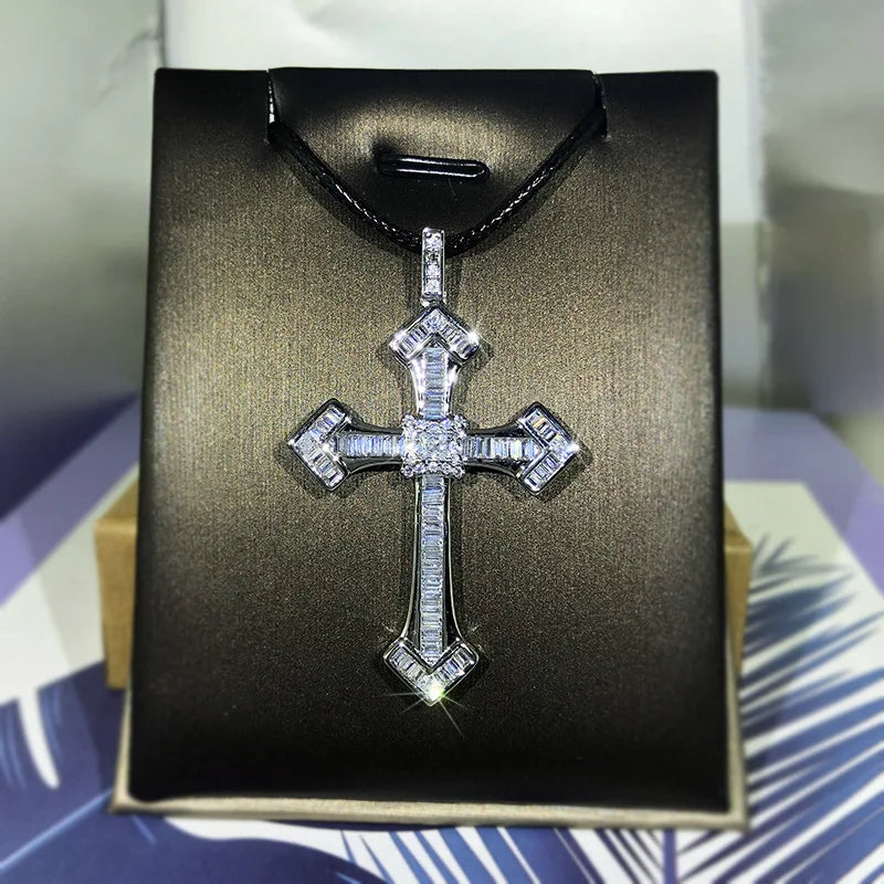 925 Sterling Silver Fine White Zircon Men And Women Classic Cross Pendant Micro-Inlaid Zircon Necklace Birthday Party Jewelry