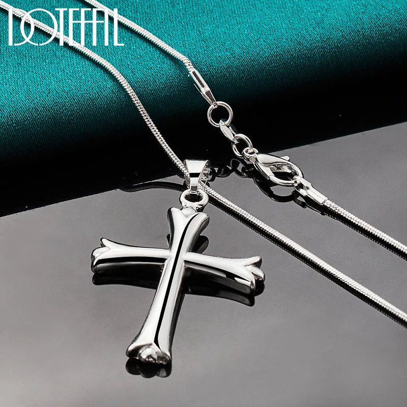 DOTEFFIL 925 Sterling Silver 16-30 Inch Snake Chain Cross Pendant Necklace For Women Man Fashion Wedding Party Charm Jewelry