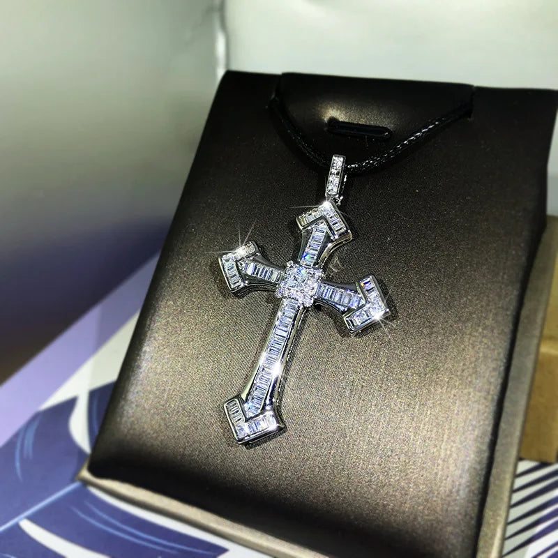 925 Sterling Silver Fine White Zircon Men And Women Classic Cross Pendant Micro-Inlaid Zircon Necklace Birthday Party Jewelry