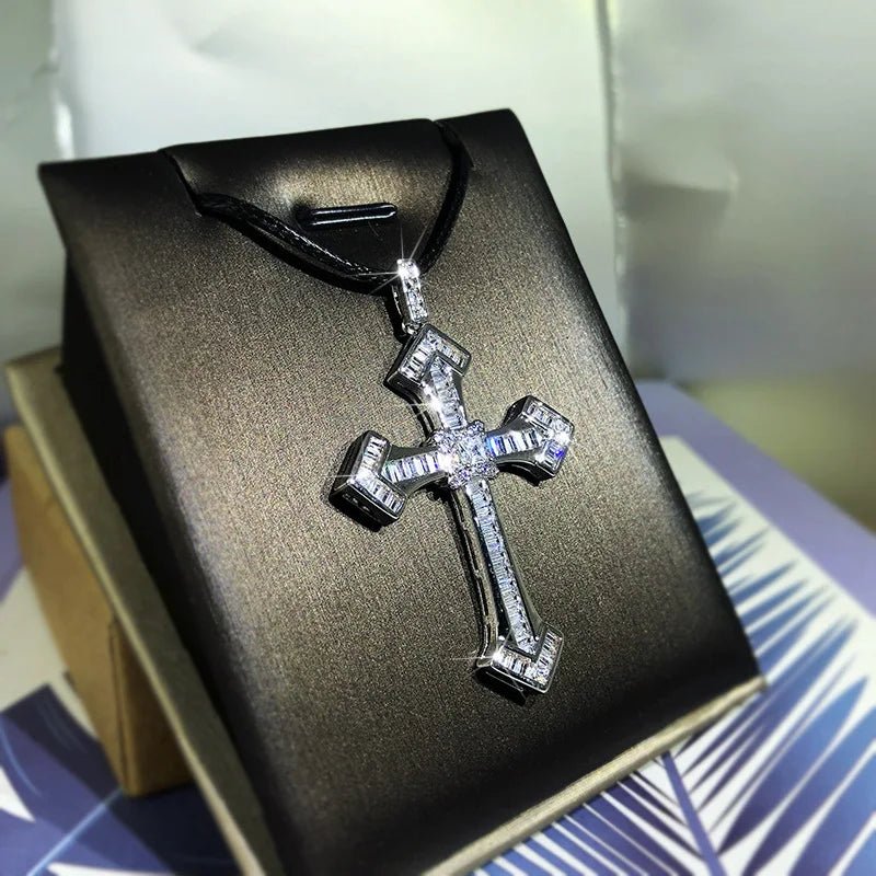 925 Sterling Silver Fine White Zircon Men And Women Classic Cross Pendant Micro-Inlaid Zircon Necklace Birthday Party Jewelry