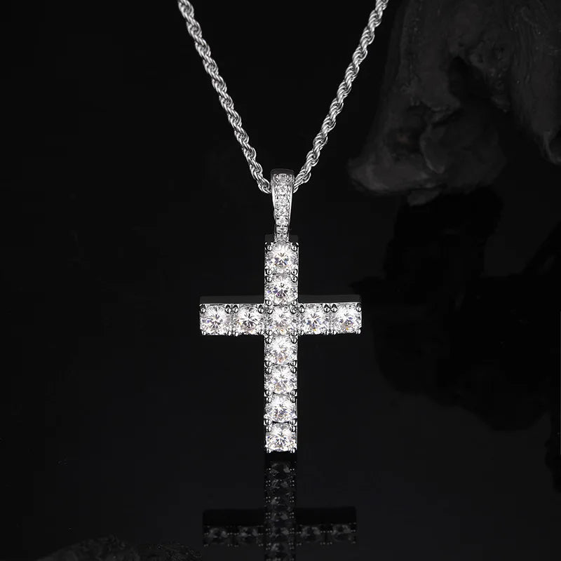Halaile 5MM 0.5CT Moissanite/Zircon Cross Pendant Necklace 925 Sterling Silver Men Women Sparkling Fine Jewelry Gift