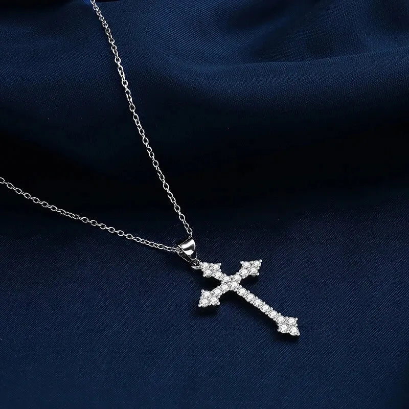 1pcs White Gold-color Necklace For Women Simple Cold Style Set With Glass Rhinestones Cross Copper Alloy Pendant