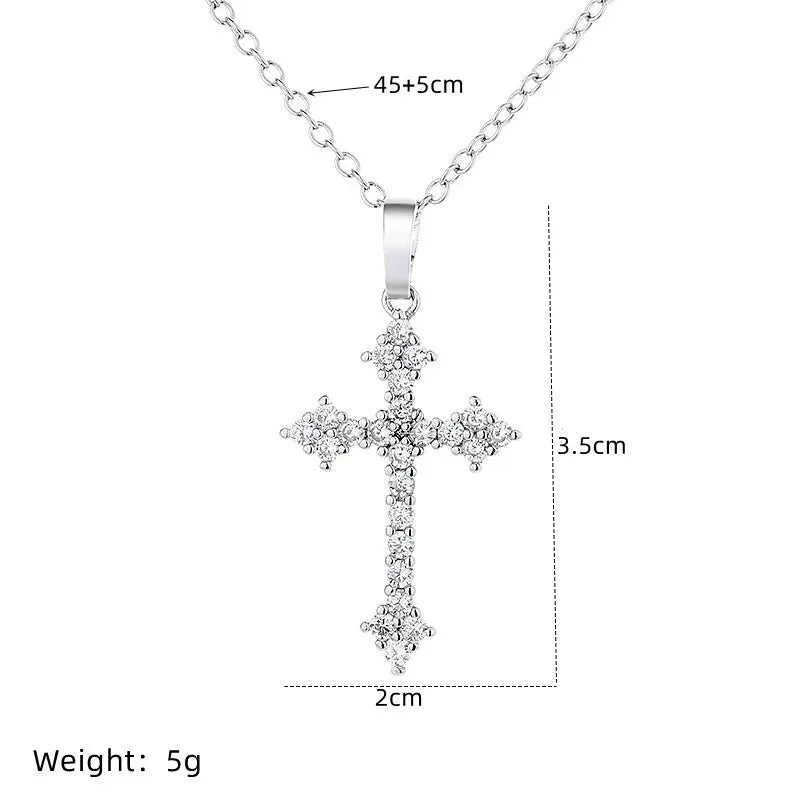 1pcs White Gold-color Necklace For Women Simple Cold Style Set With Glass Rhinestones Cross Copper Alloy Pendant