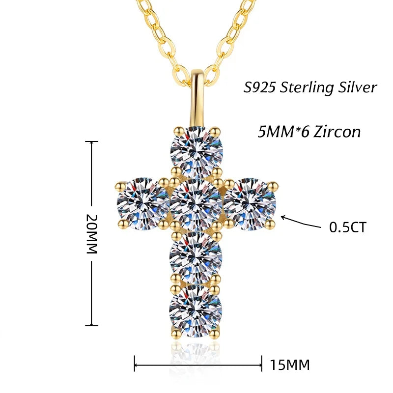 Halaile 5MM 0.5CT Moissanite/Zircon Cross Pendant Necklace 925 Sterling Silver Men Women Sparkling Fine Jewelry Gift