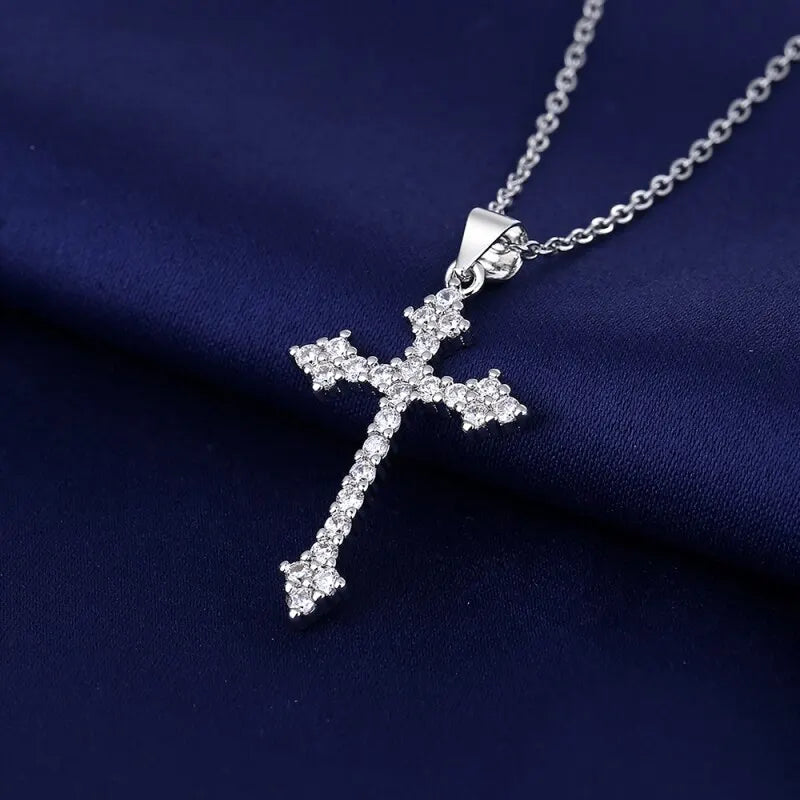 1pcs White Gold-color Necklace For Women Simple Cold Style Set With Glass Rhinestones Cross Copper Alloy Pendant