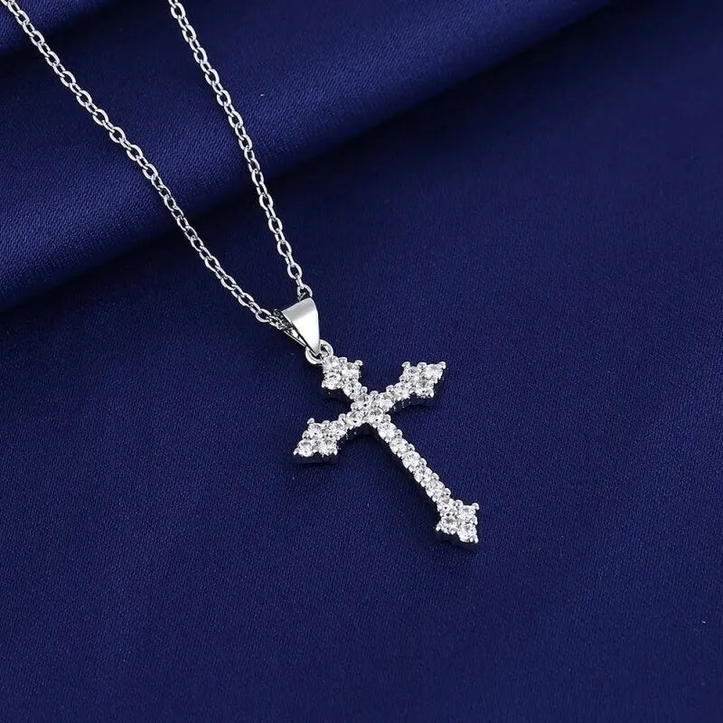 1pcs White Gold-color Necklace For Women Simple Cold Style Set With Glass Rhinestones Cross Copper Alloy Pendant