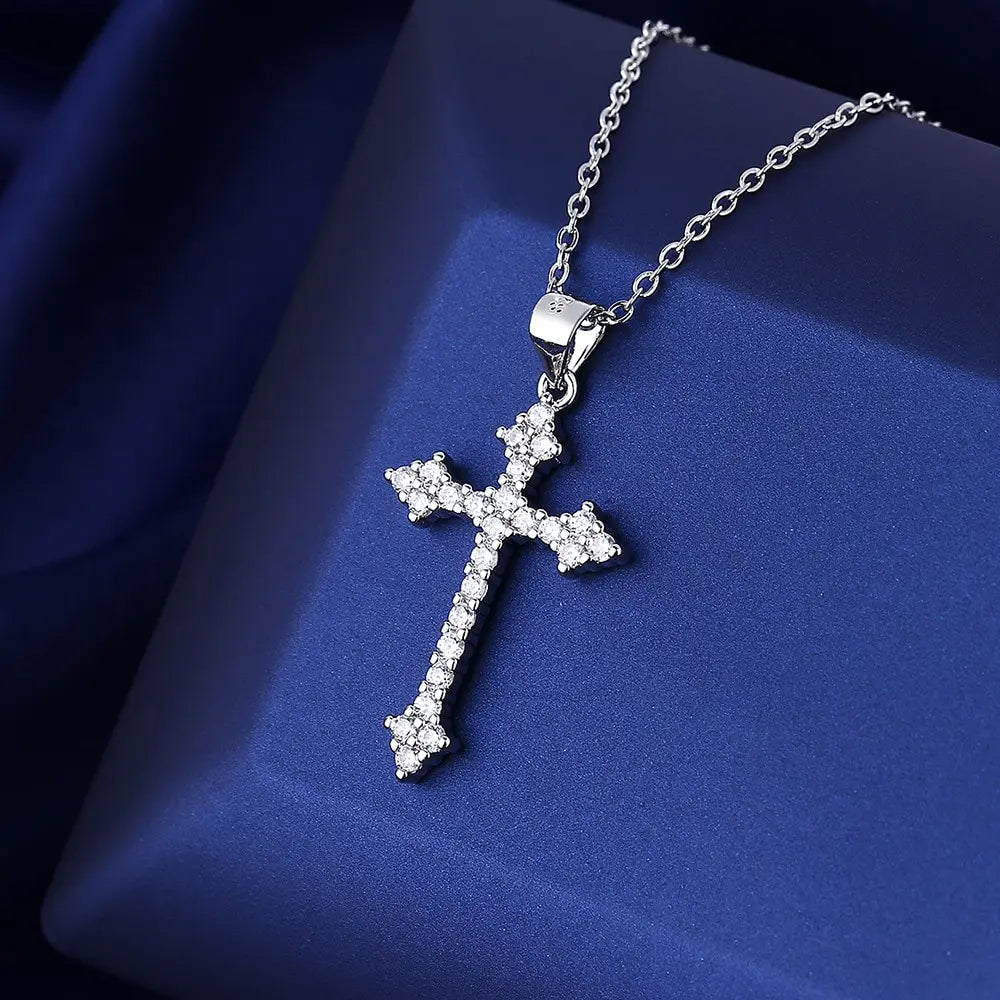 1pcs White Gold-color Necklace For Women Simple Cold Style Set With Glass Rhinestones Cross Copper Alloy Pendant