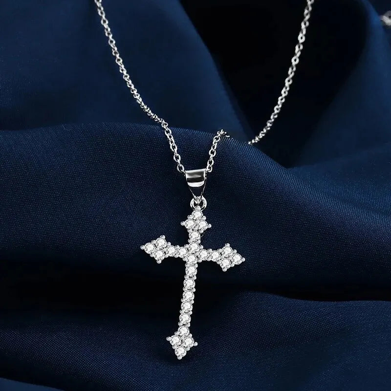 1pcs White Gold-color Necklace For Women Simple Cold Style Set With Glass Rhinestones Cross Copper Alloy Pendant